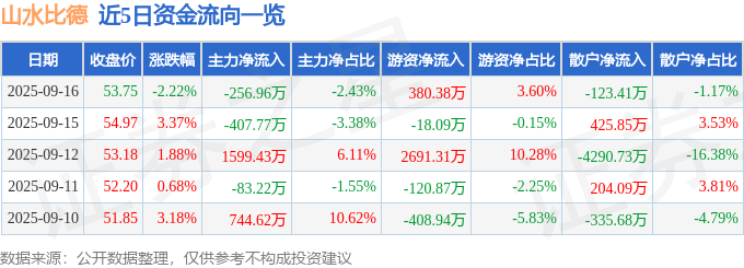 山水比德（300844）9月16日主力资金净卖出25696万